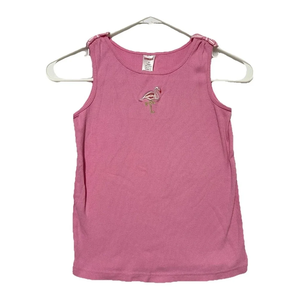 Gymboree Girls Pink Ribbed Tank Top Size 8 Shoulder Bows Embroidered Flamingo